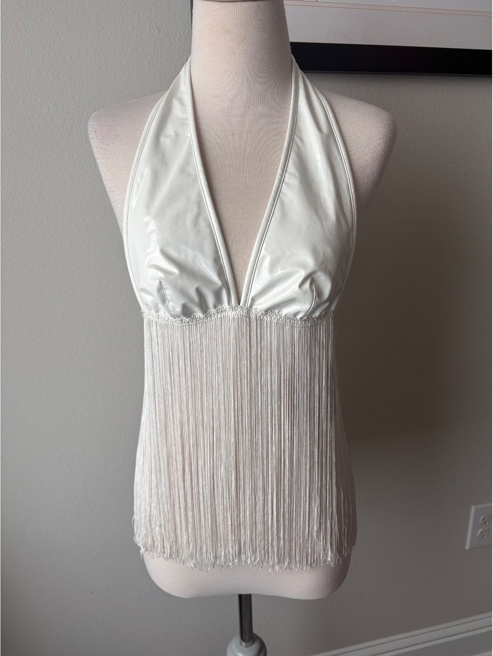 White Glossy Nylon Spandex Halter Top with Long Fringe and Satin Ribbon Tie, Sz